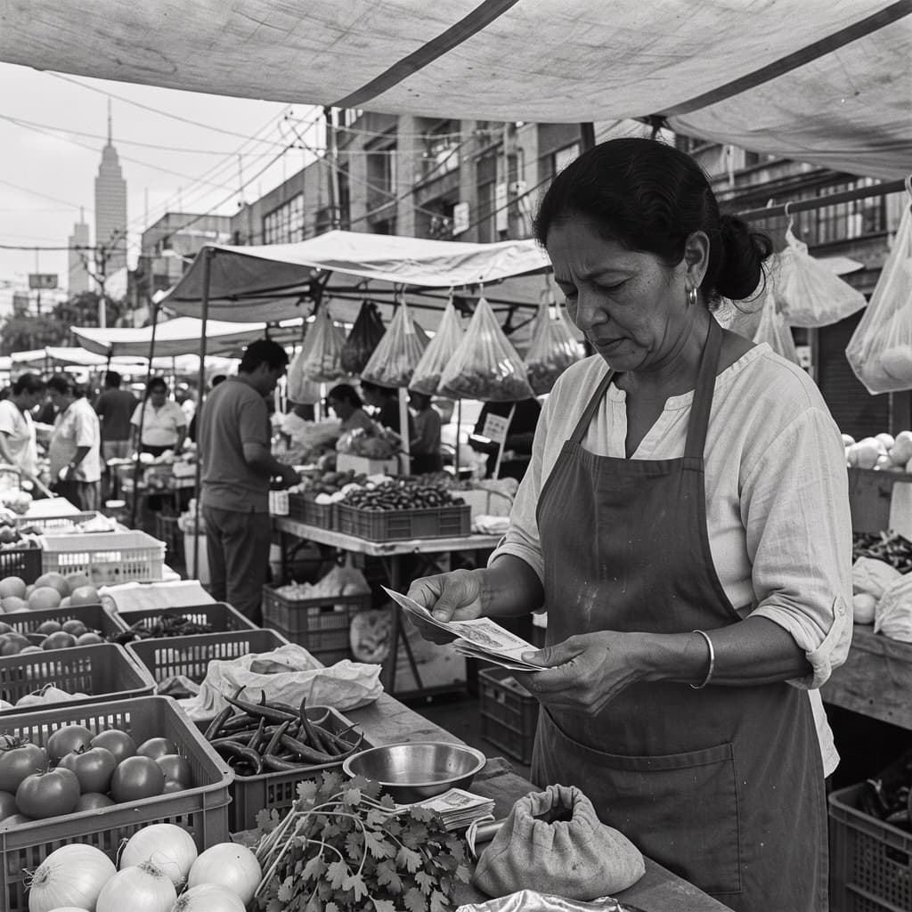 Vendedora contando efectivo en un tianguis